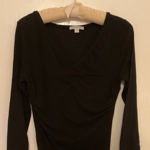 James Perse black 3/4 length sleeve fitted gathered V neck dress, knee length